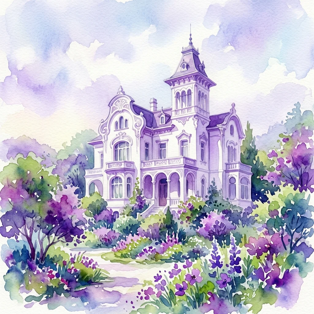 Ilustración en acuarela del Museo Ernst Fuchs, una villa Art Nouveau de finales del siglo XIX rodeada de exuberante vegetación y flores moradas bajo un cielo suave.