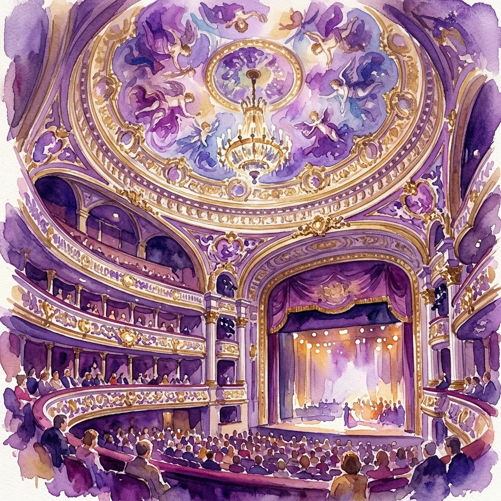 Ornate interior of the Burgtheater in Vienna, featuring a grand chandelier, purple and gold balconies, and a detailed ceiling fresco with angels, capturing the opulence of the historic theater.