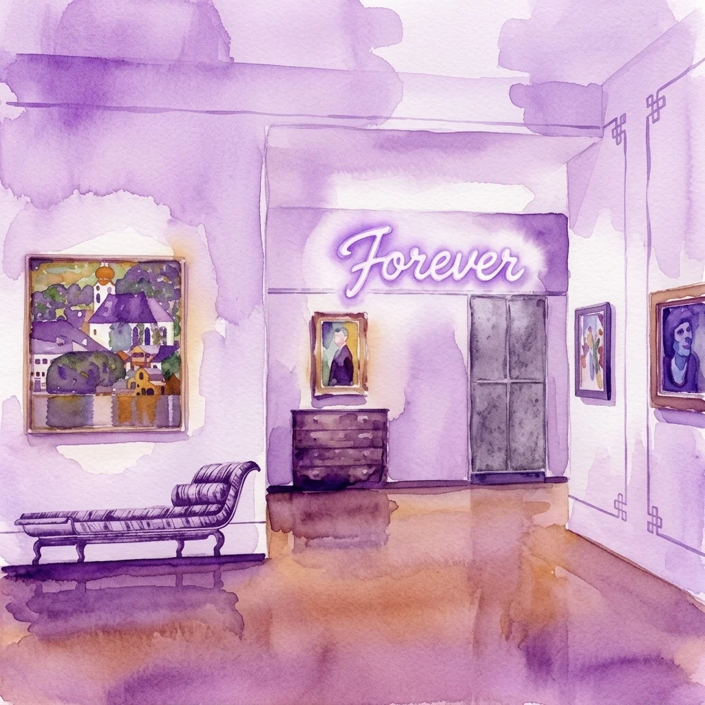 Waterverfillustratie van een museumgalerij met kunstwerken, met een paars verlichte ingang met een neon 'Forever'-bord en een ligstoel, die de mix van moderne en klassieke kunst van de Heidi Horten Collection oproept.
