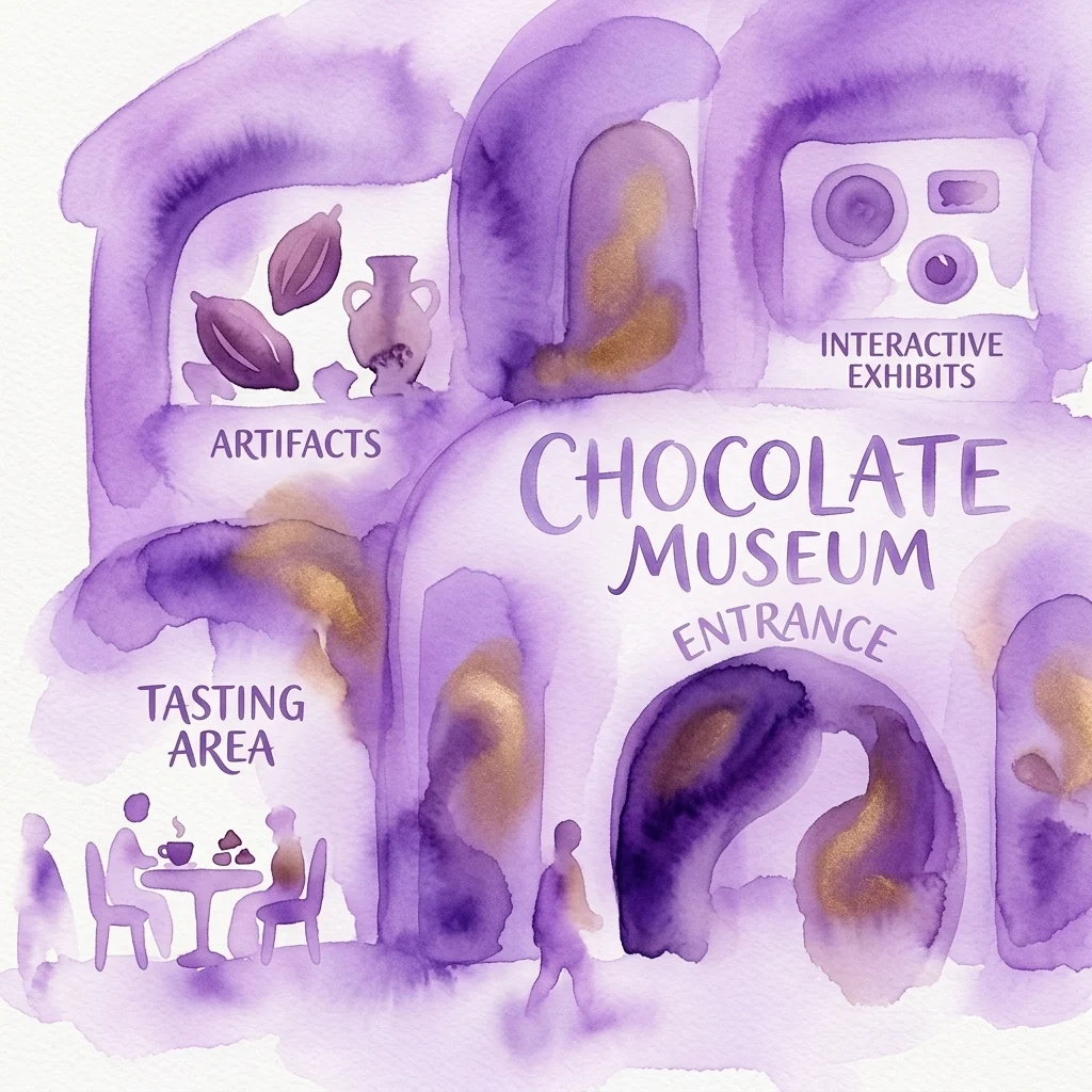 Ilustracja wejścia do Muzeum Czekolady Heindl z eksponatami, interaktywnymi wystawami i strefą degustacji, w której goście delektują się czekoladą.