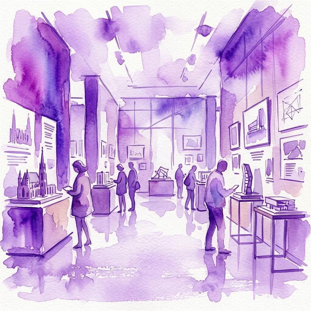 Ilustracja akwarelowa galerii muzealnej z odwiedzającymi oglądającymi modele architektoniczne i rysunki na wystawie, prezentująca wystawę 'Hot Questions – Cold Storage' w Architekturzentrum Wien.