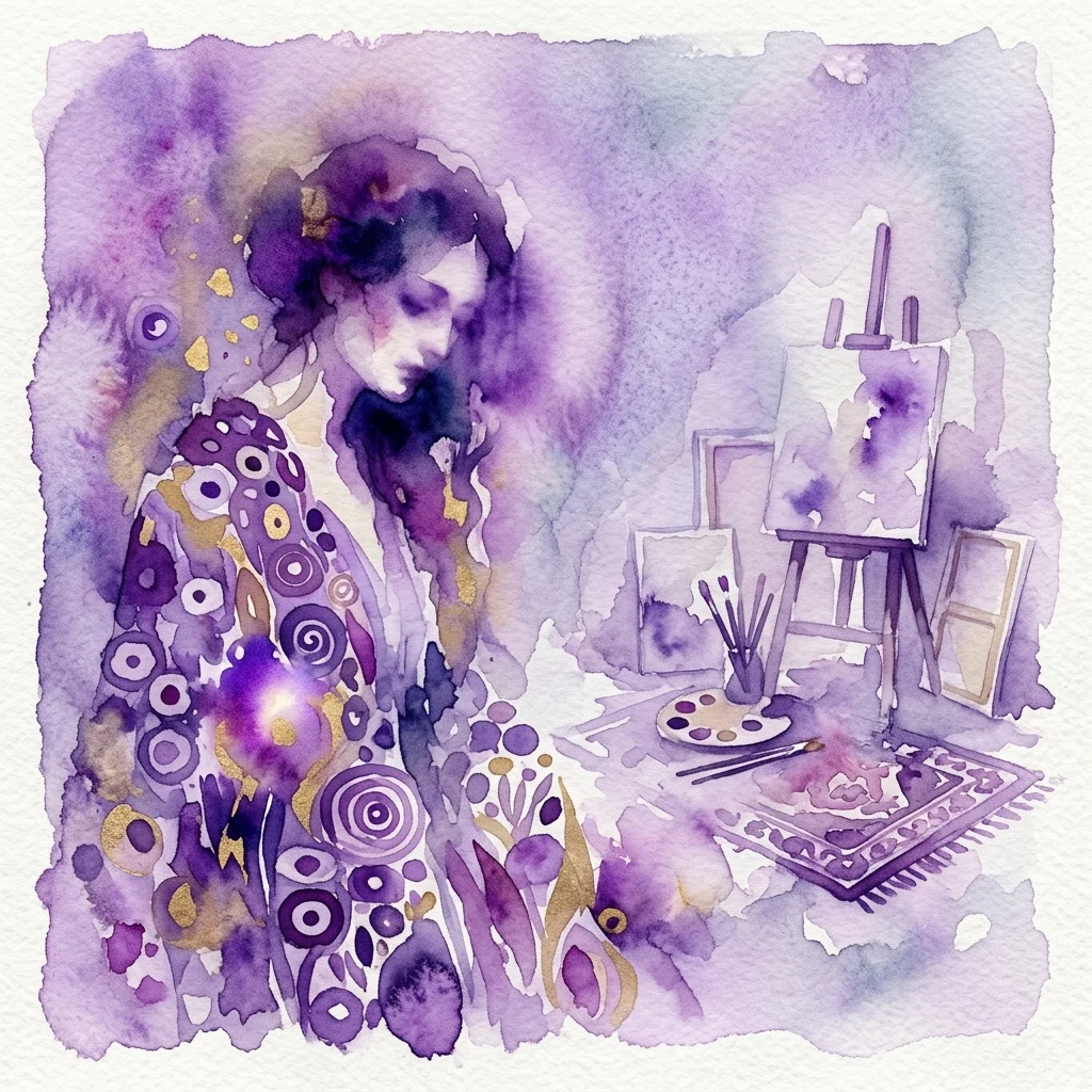 Watercolor artwork depicting a figure in a patterned dress with Art Nouveau elements, set in a studio with an easel and paint palette, evoking themes of loss and memory related to Gustav Klimt.