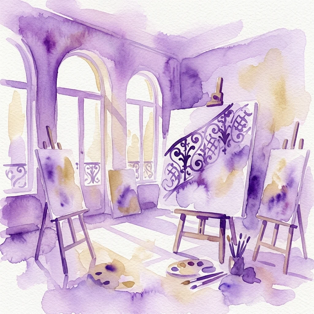 Ilustracja akwarelowa pracowni Gustava Klimta w Klimt Villa, przedstawiająca sztalugi, płótna, materiały malarskie i naturalne światło wpadające przez łukowe okna, oddająca twórcze dziedzictwo artysty.