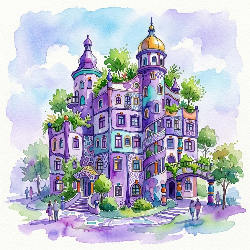Żywa ilustracja akwarelowa Kunst Haus Wien, kolorowego budynku o nieregularnym kształcie, zaprojektowanego w stylu Friedensreicha Hundertwassera, z zielenią, spiralami i fantazyjną architekturą na tle łagodnego nieba.