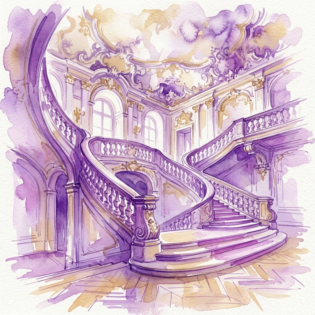 Ilustracja akwarelowa wspaniałych barokowych schodów w Liechtenstein City Palace, z ozdobnymi stiukowymi sufitami, misternymi balustradami i bogatą parkietową podłogą.