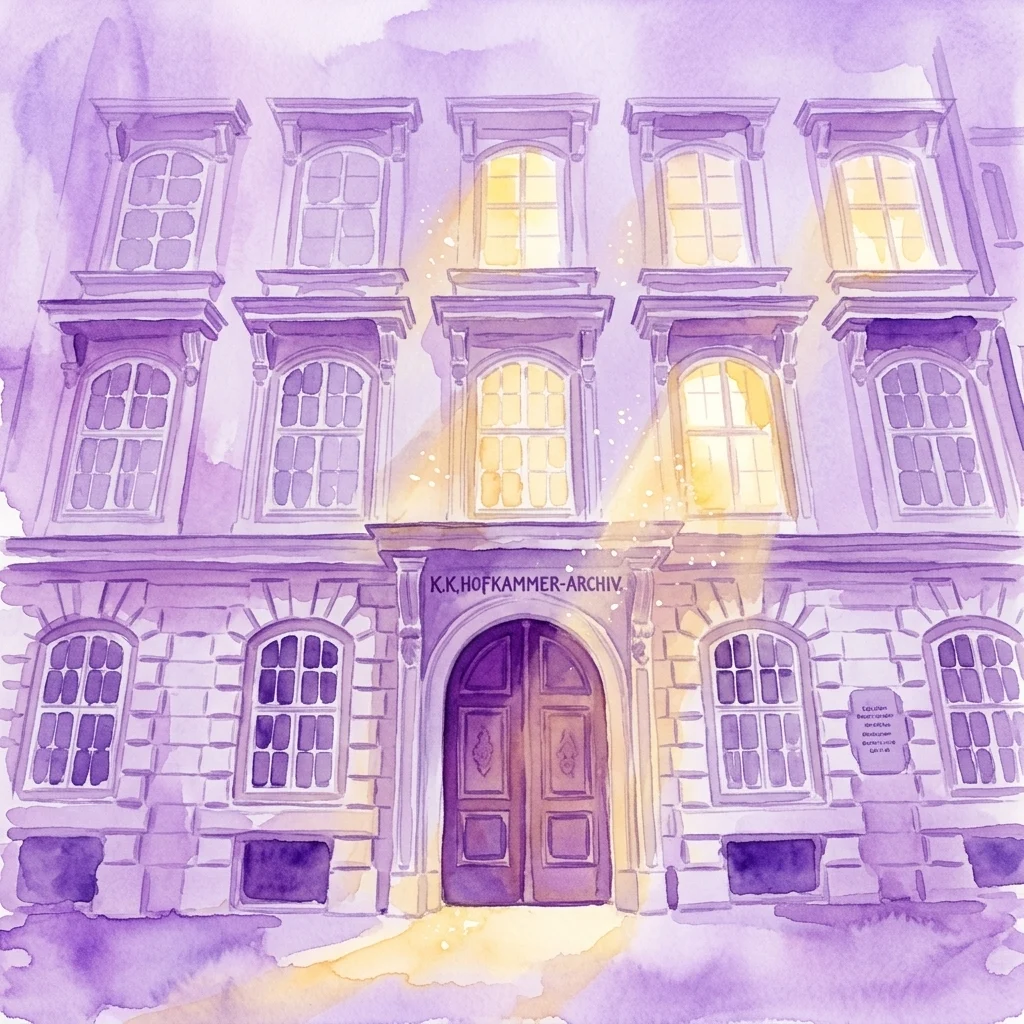Ilustración en acuarela del exterior del Museo de Literatura, que presenta la entrada del K.K. Hofkammer-Archiv con ventanas iluminadas y una fachada de tono púrpura.