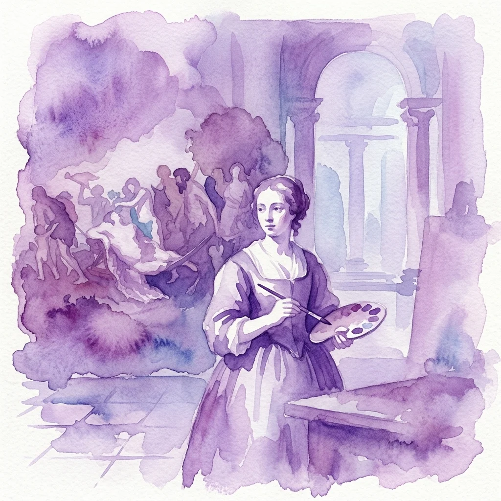 A watercolor illustration of Michaelina Wautier, a Baroque Flemish artist, holding a paintbrush and palette in her studio, surrounded by large historical paintings and classical architecture.