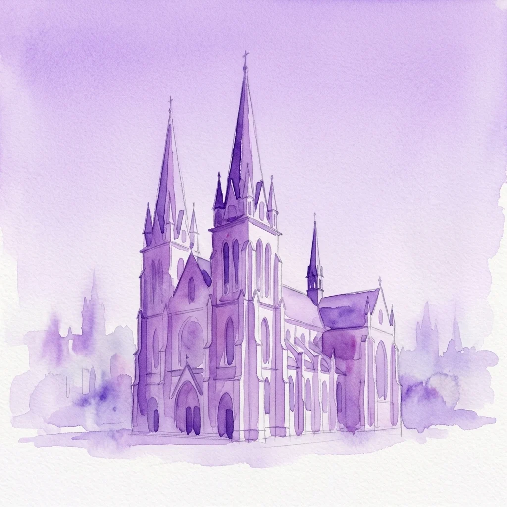 Ilustracja akwarelowa Kościoła Wotywnego w Wiedniu, neogotyckiej katedry z charakterystycznymi wieżami i misternymi detalami architektonicznymi pod miękkim fioletowym niebem.