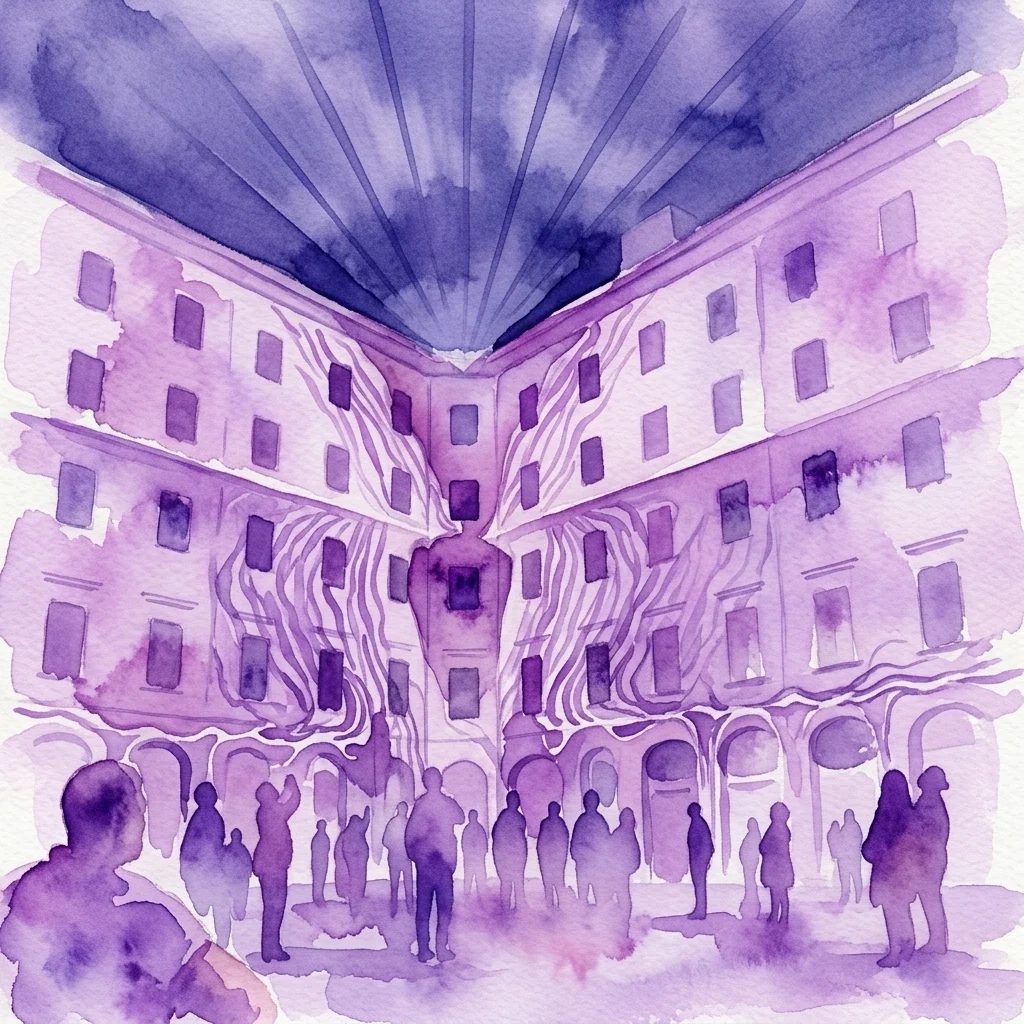 Ilustracja akwarelowa Muzeum Zmian (Museum of Change), cyfrowej instalacji artystycznej przekształcającej zabytkowy dziedziniec projekcjami generowanymi przez sztuczną inteligencję i pejzażami dźwiękowymi, z sylwetkami zwiedzających pod żywym fioletowym niebem.
