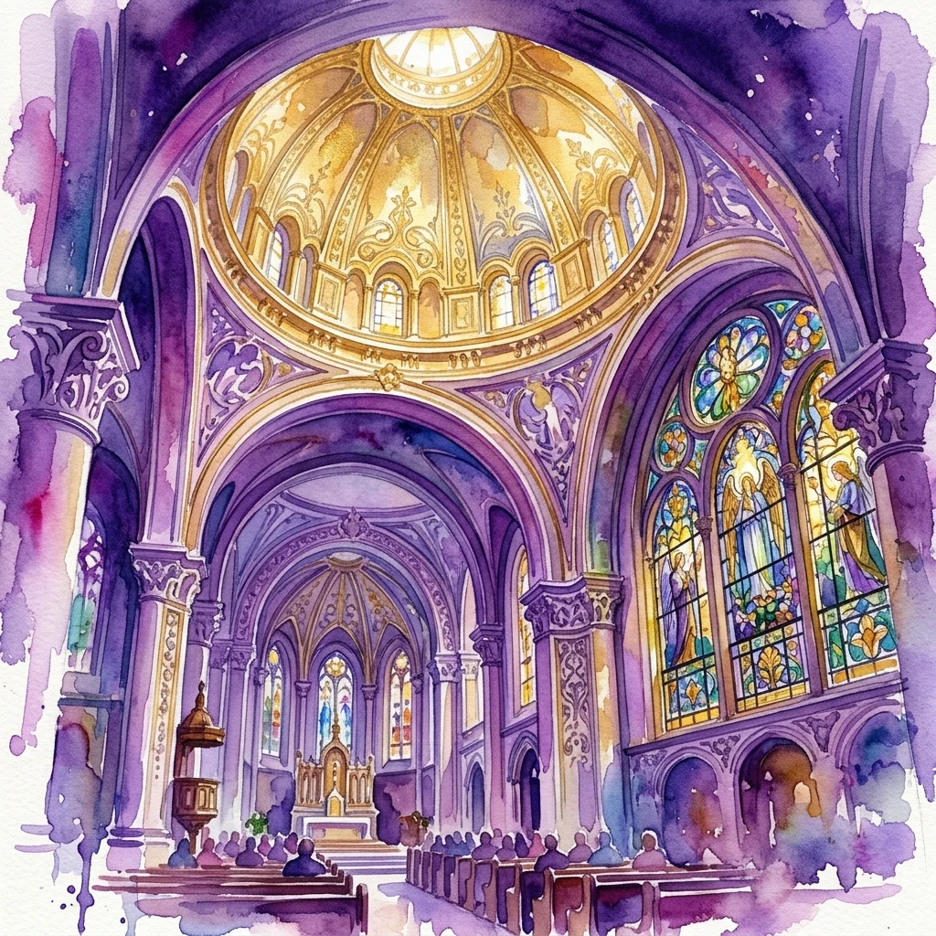 Ilustracja akwarelowa wnętrza Kościoła Odkupiciela (Kirche am Steinhof) autorstwa Otto Wagnera, ukazująca jego złotą kopułę, ozdobne łuki i żywe witraże w bogatej fioletowo-złotej palecie kolorów.