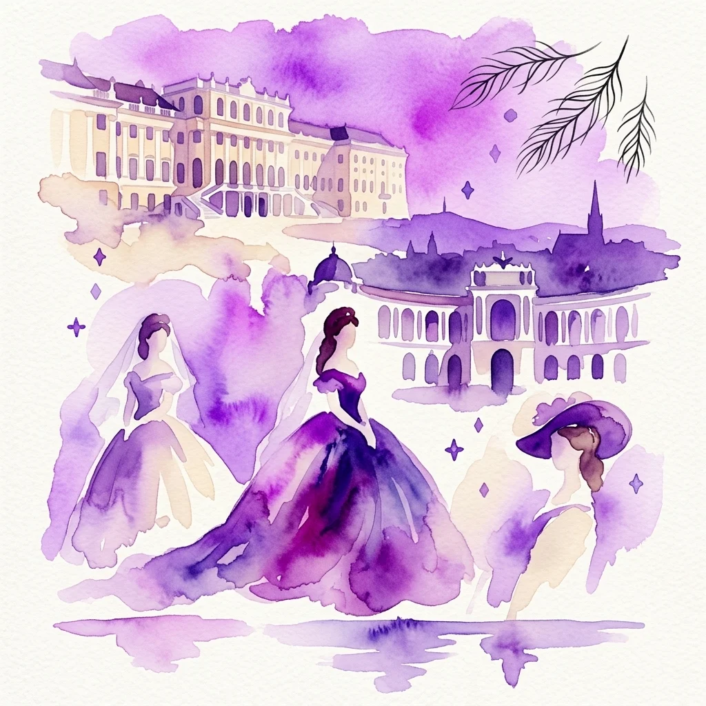 Ilustracja akwarelowa cesarzowej Sisi w Wiedniu, przedstawiająca Pałac Schönbrunn, Pałac Hofburg i stroje z epoki, przywołująca cesarski przepych i osobistą tragedię.