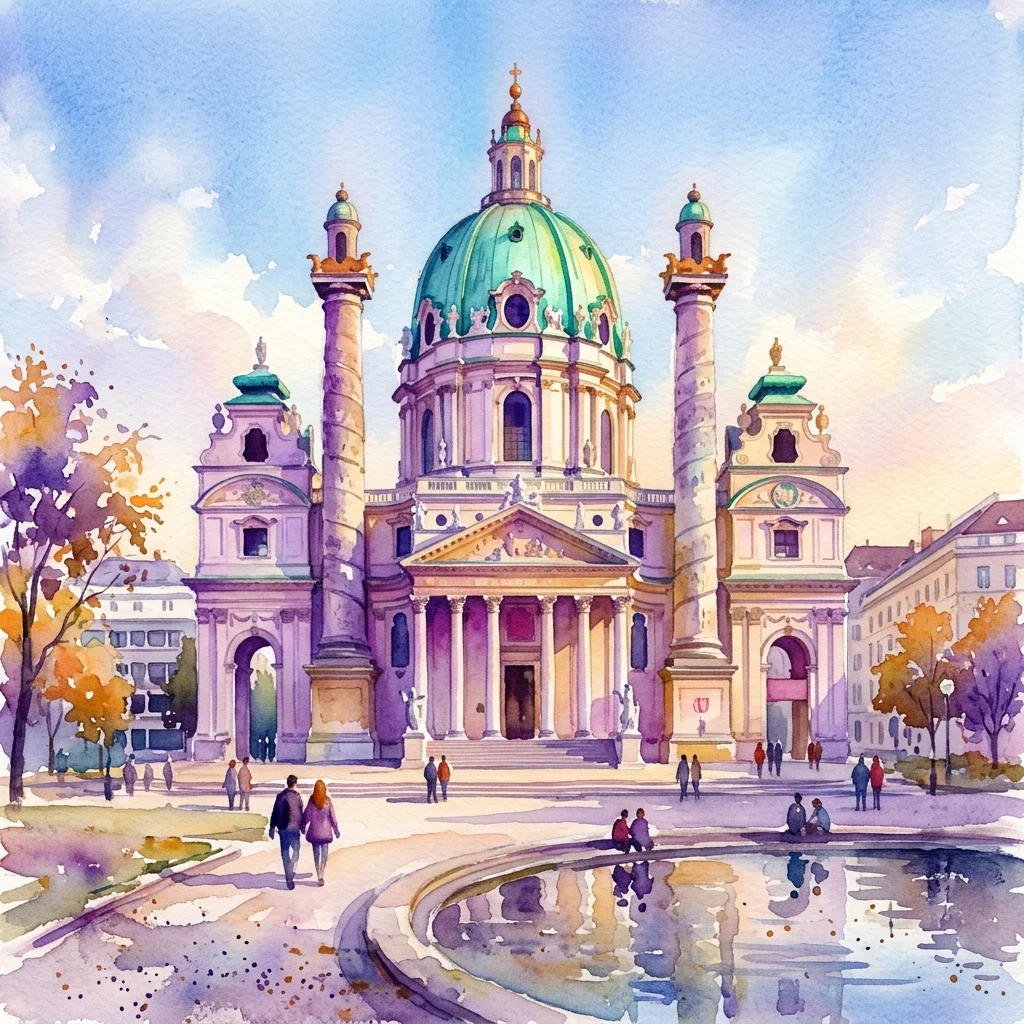 Watercolor painting of St. Charles Church in Vienna, showcasing its grand Baroque facade, green dome, and twin columns under a blue sky, with people walking in the foreground.