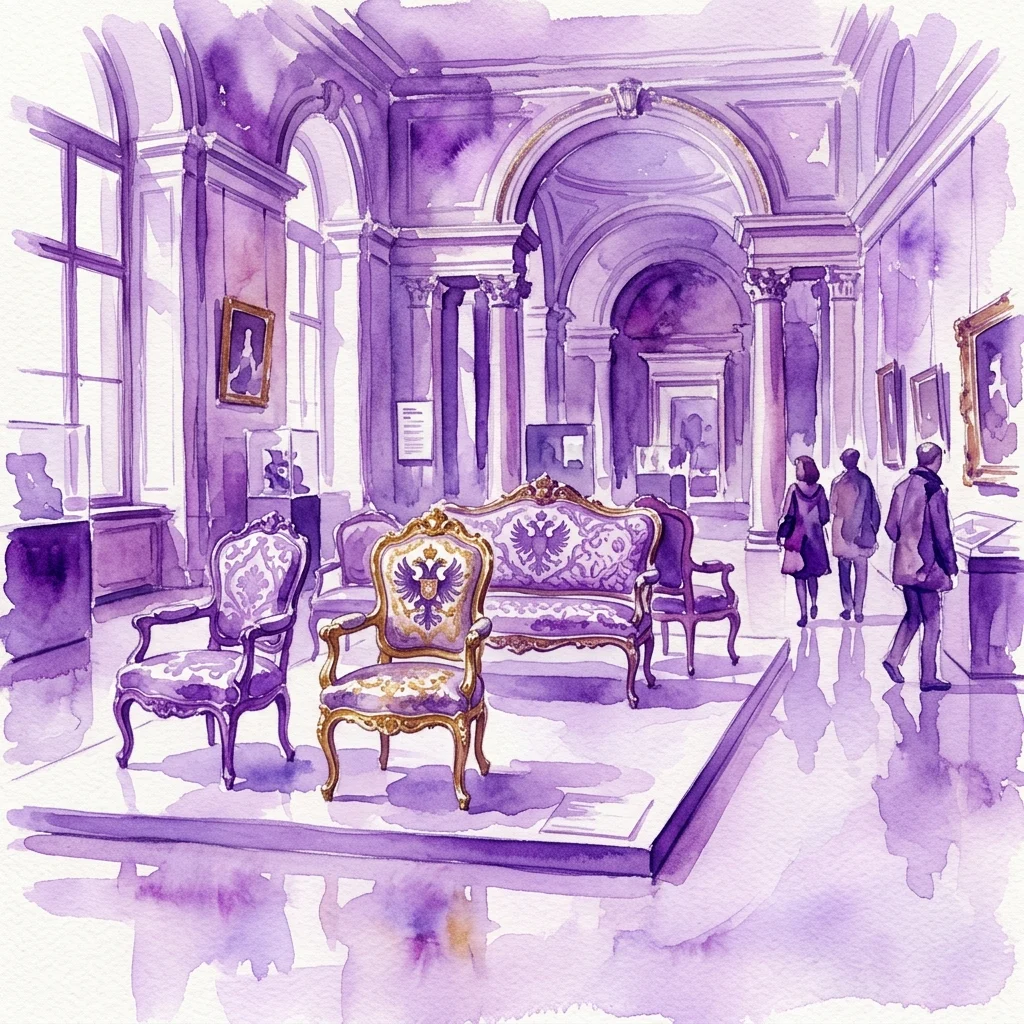 Ilustracja akwarelowa galerii muzealnej prezentującej ozdobne meble cesarskie, w tym centralną sofę i krzesła z emblematami Habsburgów z podwójnym orłem, wystawione w wielkiej sali z odwiedzającymi oglądającymi eksponaty.