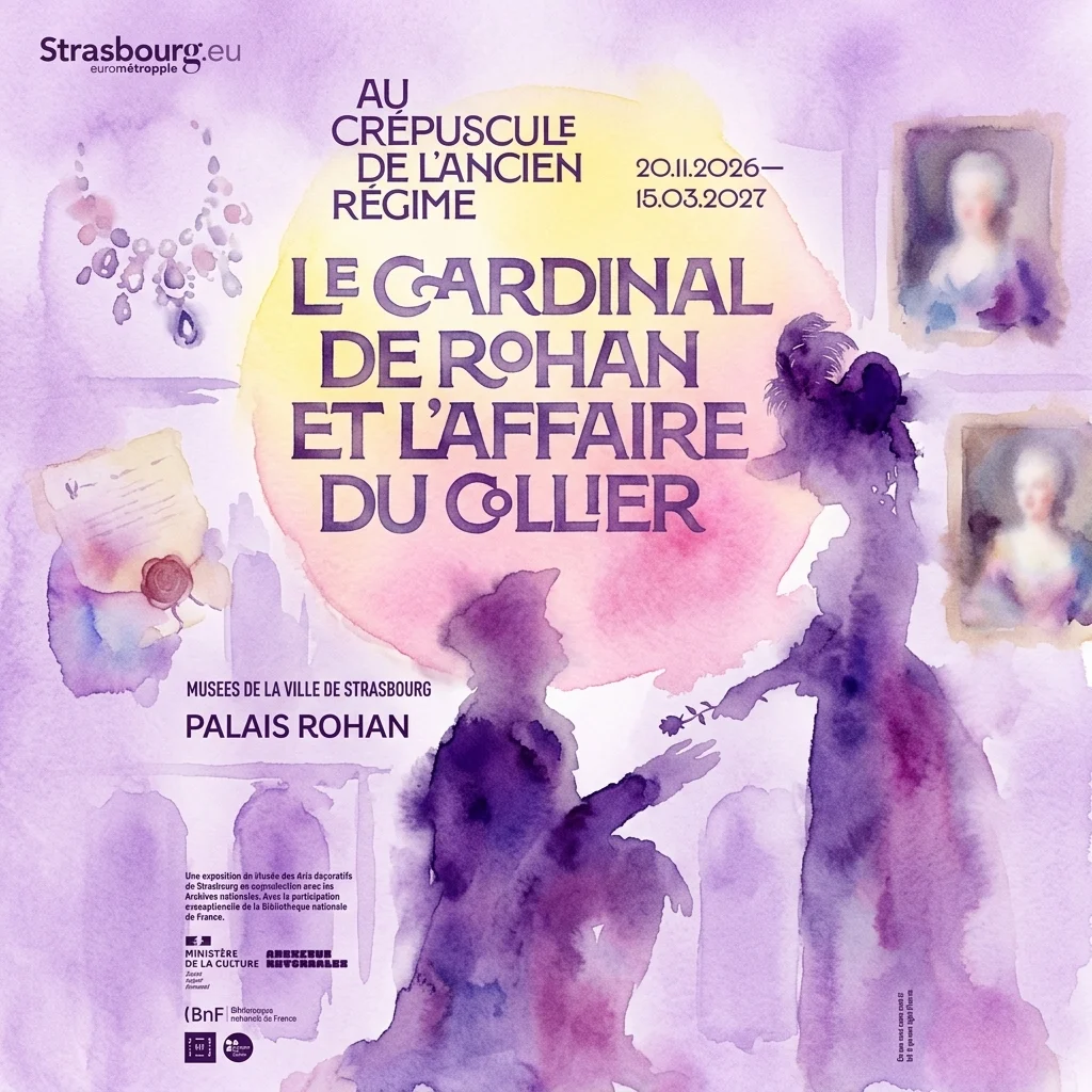 Cartel de la exposición de acuarelas 'The Cardinal de Rohan and the Affair of the Necklace' en el Palais Rohan, Estrasburgo, que se celebrará del 20 de noviembre de 2026 al 15 de marzo de 2027.