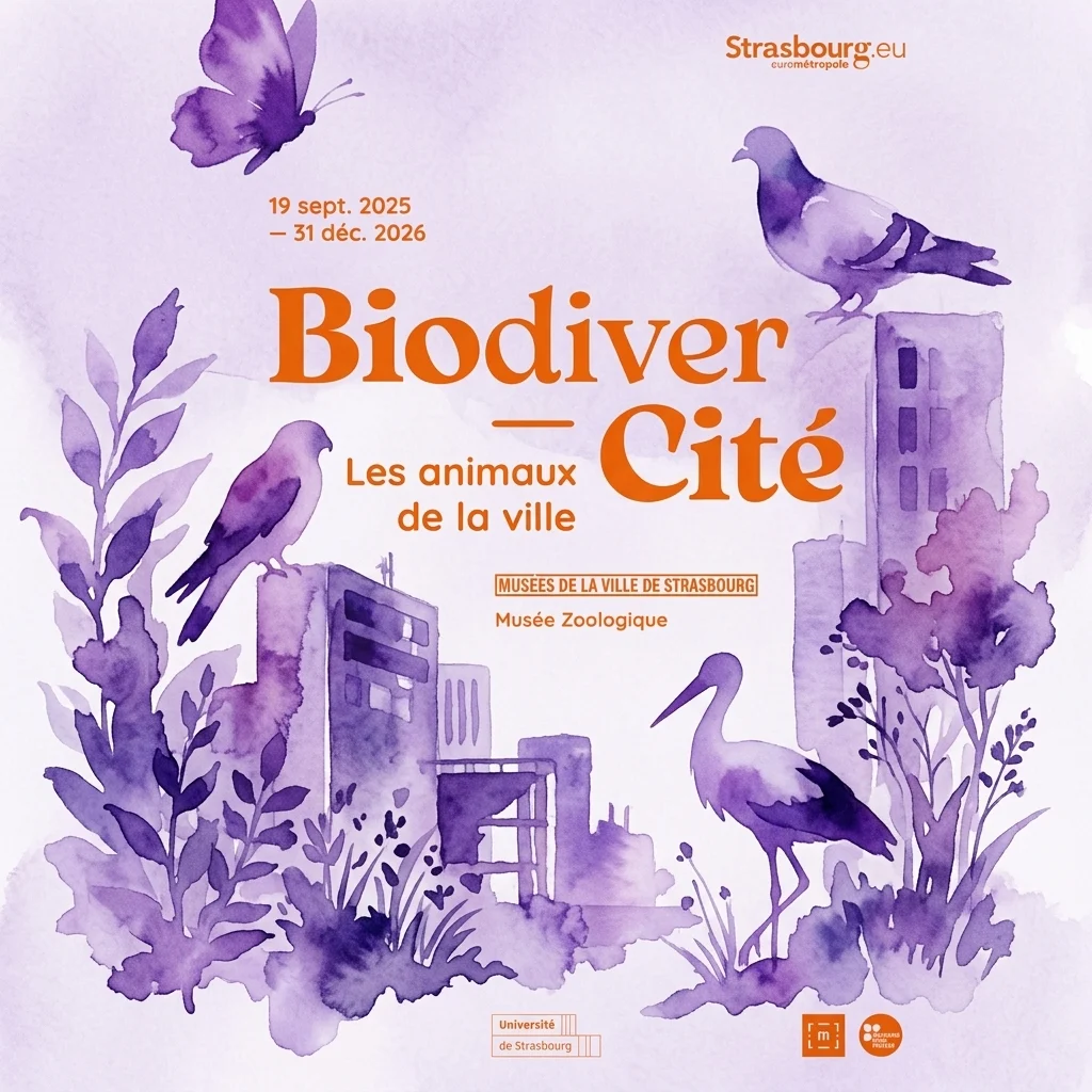 Póster de acuarela morada para la exposición BiodiverCity en el Museo Zoológico de Estrasburgo, que muestra una mariposa, palomas y una garceta entre edificios de la ciudad y plantas, desde el 19 de septiembre de 2025 hasta el 31 de diciembre de 2026.