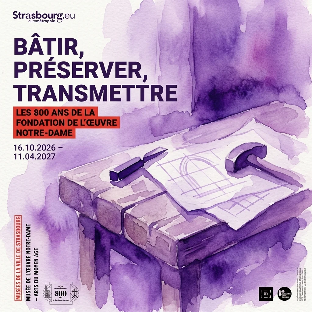 Póster de acuarela morada que muestra herramientas de escultor y planos de una catedral gótica sobre un banco de piedra, promocionando la exposición 'Bâtir, Préserver, Transmettre: 800 Years of the Fondation de l'Œuvre Notre-Dame' en el Musée de l'Œuvre Notre-Dame de Estrasburgo, del 16 de octubre de 2026 al 11 de abril de 2027.