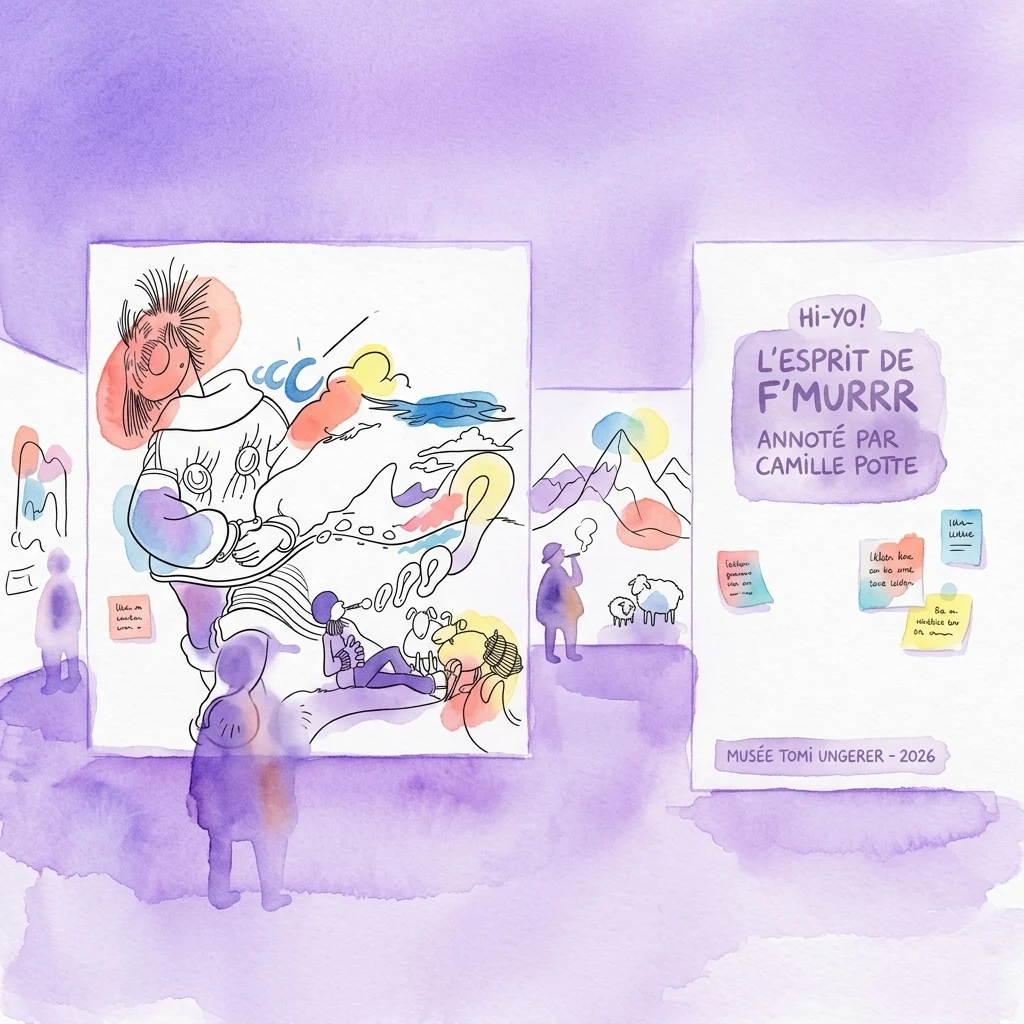 Ilustración en acuarela que muestra a los visitantes observando los dibujos surrealistas a pluma y tinta de F'murrr en el Musée Tomi Ungerer, con anotaciones en notas adhesivas de colores de Camille Potte para la exposición de 2026.
