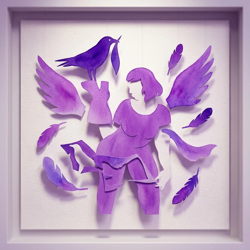 Obra de arte en papel recortado de color púrpura y enmarcada, que representa una figura femenina alada con un pájaro posado encima y plumas flotando alrededor, expuesta en una galería.