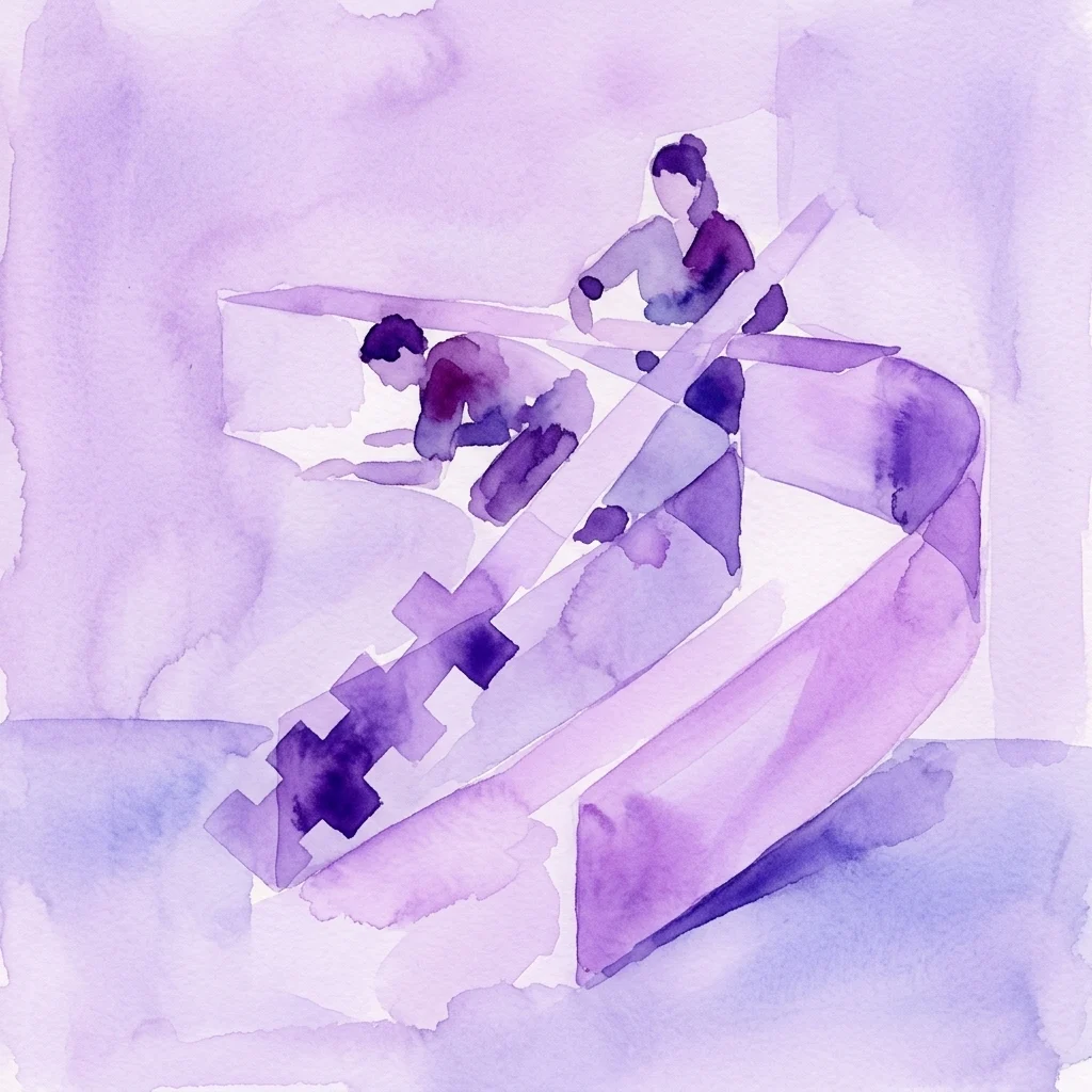 Ilustración en acuarela en tonos morados que muestra a dos figuras estilizadas interactuando con rampas geométricas inclinadas, evocando temas de accesibilidad y cuidado institucional.