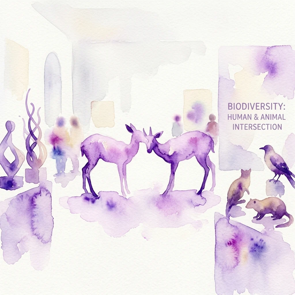 Ilustración en acuarela morada para la exposición 'The Savage State', con dos ciervos frente a frente, un pájaro posado y pequeños mamíferos en un entorno de galería contemporánea. El texto dice 'Biodiversity: Human & Animal Intersection'.