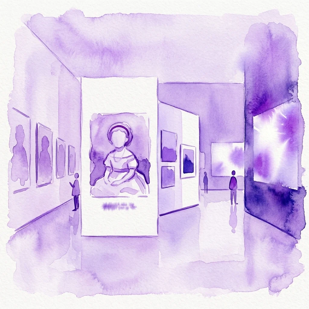 Ilustración en acuarela de color morado de una sala de exposiciones de un museo, con visitantes observando retratos enmarcados en las paredes y una vitrina central iluminada que contiene una figura sentada.
