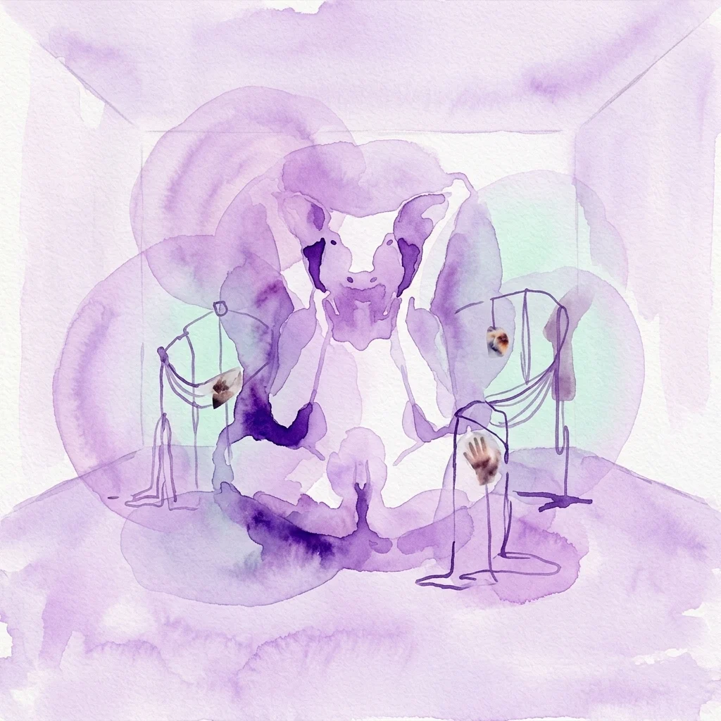 Purple watercolor illustration of abstract sculptural forms with scattered hand motifs, the artwork hero for the IN/CROCI 2.0 exhibition.