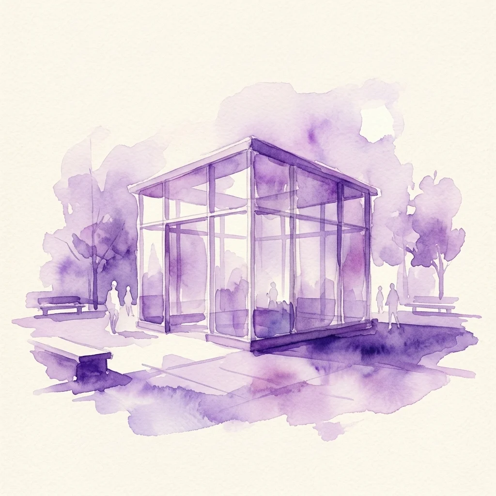 Ilustración en acuarela morada de un pabellón de cristal moderno con figuras reunidas dentro y alrededor, situado en una plaza pública con árboles y bancos en suaves tonos violeta.