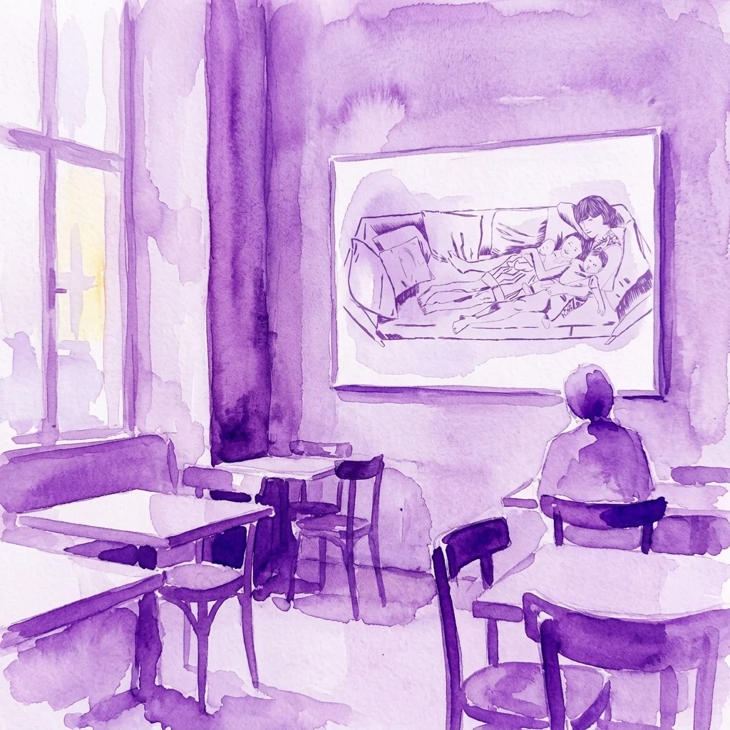 Acuarela en tonos violetas que muestra a una figura sentada en una tranquila galería contemplando una obra enmarcada de dos personas tumbadas en un sofá, con mesas de cafetería vacías cerca.