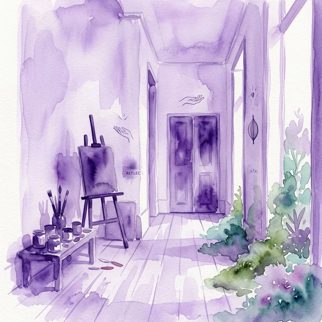 Ilustración en acuarela de un estudio de artista minimalista en tonos violetas, que muestra un caballete, tarros de pintura, pinceles y plantas de hojas junto a una puerta, con pequeños bocetos de manos flotando.