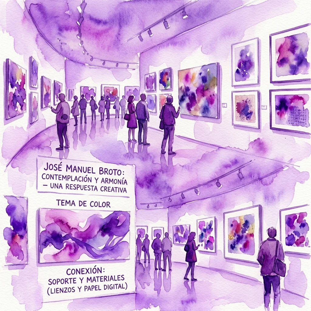 Ilustrowany widok galerii wystawy „BROTO: ALGUNOS COLORES”, prezentujący abstrakcyjne dzieła sztuki w odcieniach fioletu na ścianach, z odwiedzającymi oglądającymi eksponaty. Tablica identyfikuje artystę José Manuela Broto oraz temat połączenia koloru i materiału.