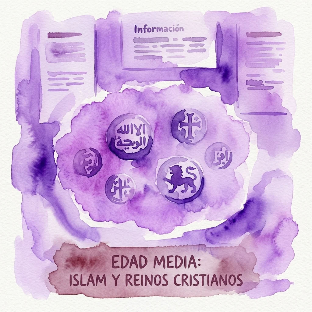 Ilustracja akwarelowa starożytnych monet z królestw islamskich i chrześcijańskich Półwyspu Iberyjskiego, z arabskimi i łacińskimi inskrypcjami, na fioletowym tle z panelami informacyjnymi.