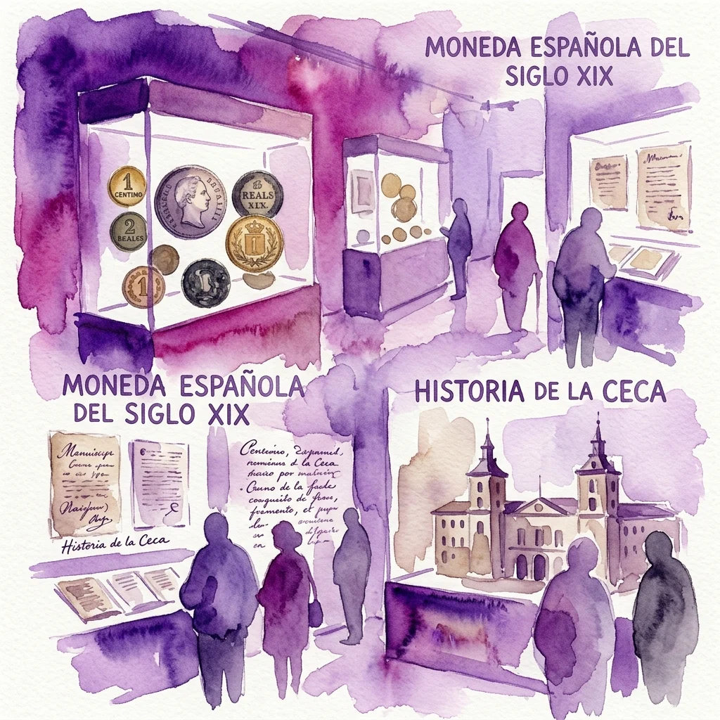 Ilustracja akwarelowa wystawy 'Moneda Española del Siglo XIX' w Museo Casa de la Moneda, przedstawiająca gabloty z hiszpańskimi monetami z XIX wieku, dokumenty historyczne i model Mennicy Madryckiej, z odwiedzającymi oglądającymi eksponaty.