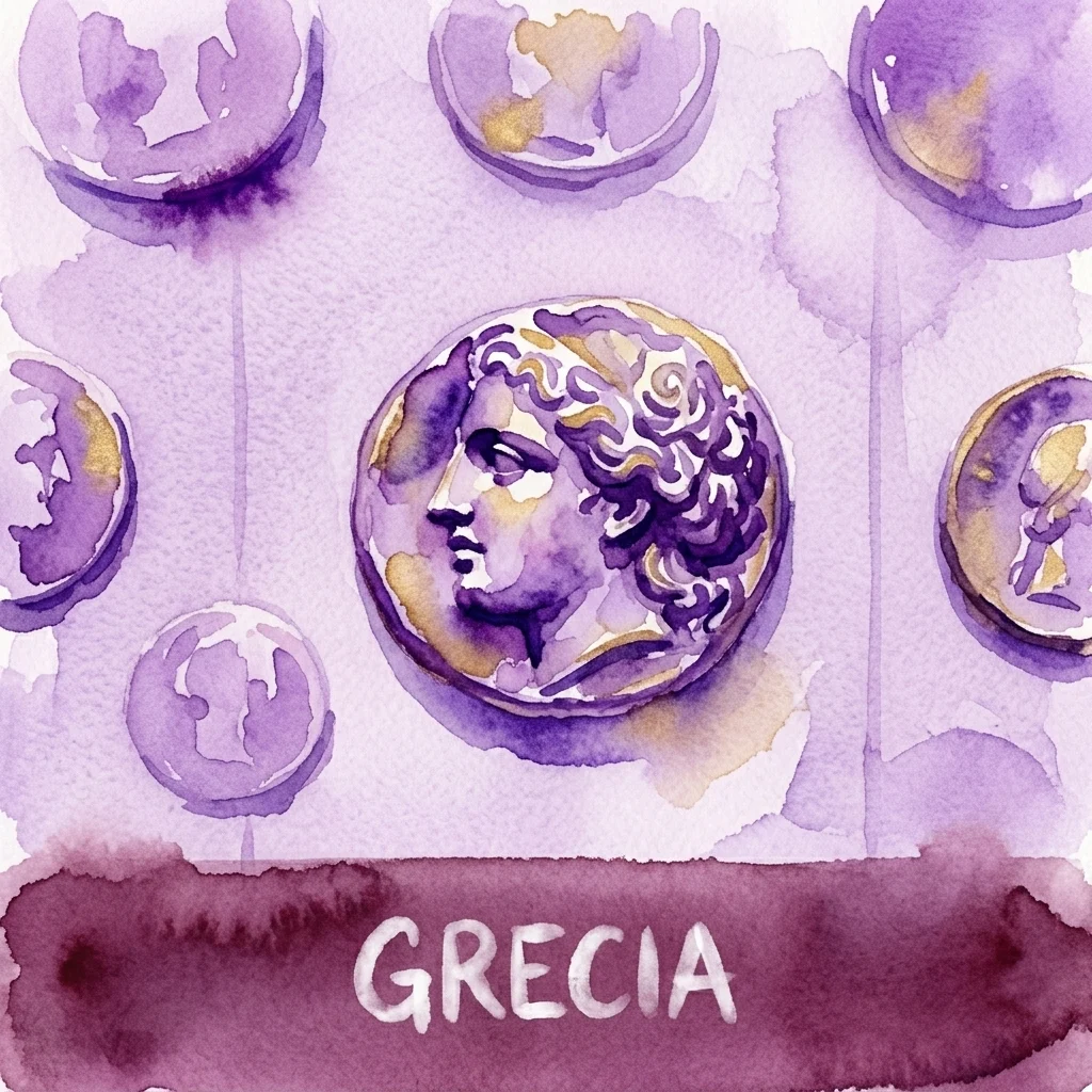 Ilustracja akwarelowa starożytnych greckich monet z portretami w profilu, przypominających małe rzeźby, na fioletowym tle ze słowem 'GRECIA' na dole.