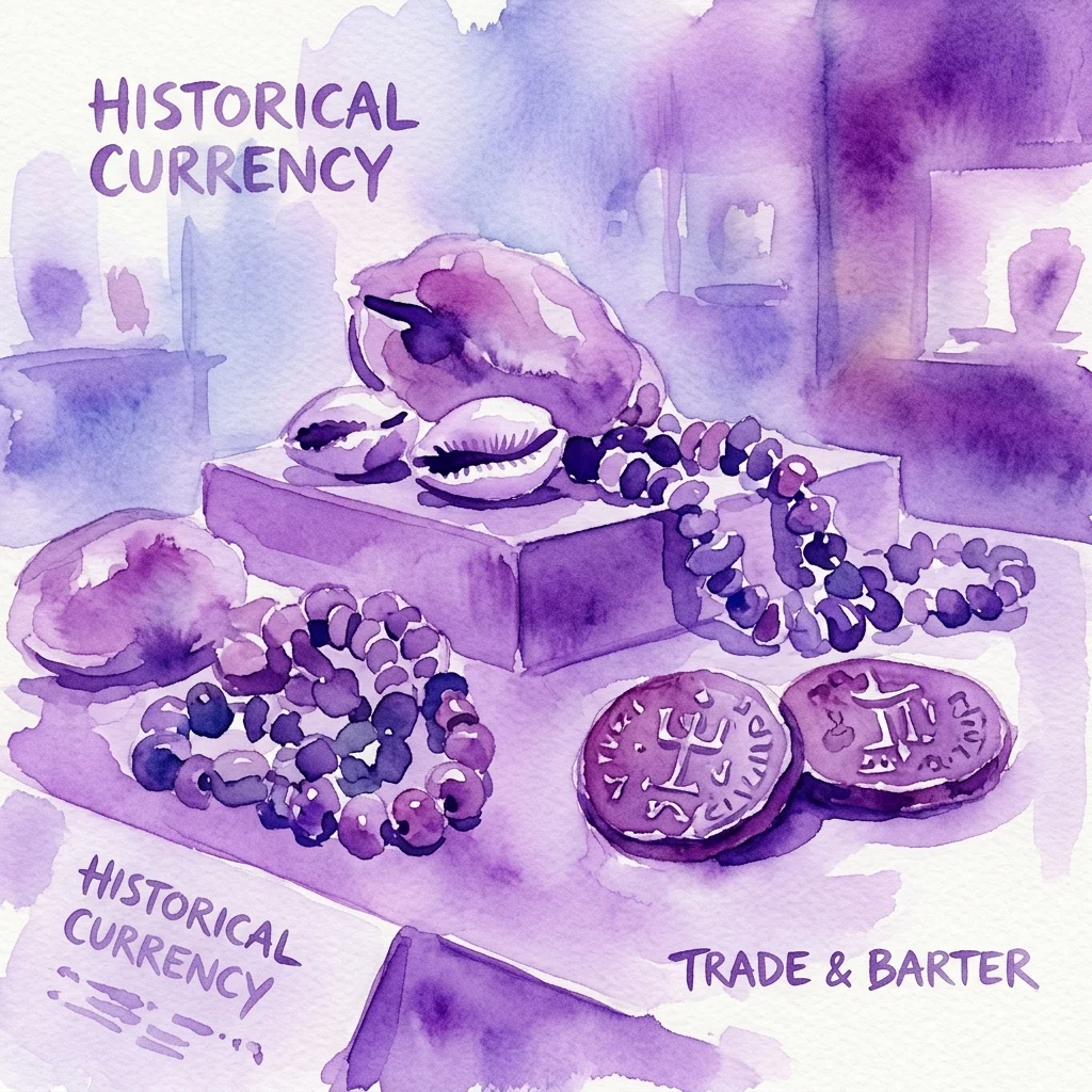Waterverfillustratie van historische valuta-items, waaronder schelpen, kralen en oude munten, tentoongesteld in een museumexpositie, gelabeld 'Historische Valuta' en 'Handel & Ruilhandel'.