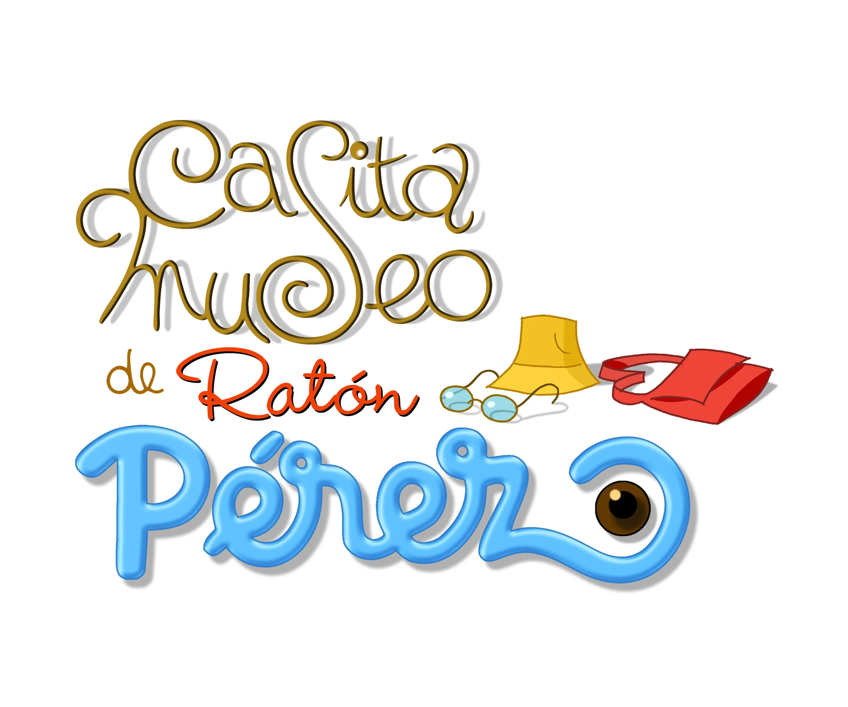 El colorido logo de Casa Museo Ratón Pérez con tipografía juguetona e ilustraciones de un sombrero, gafas y un saquito.