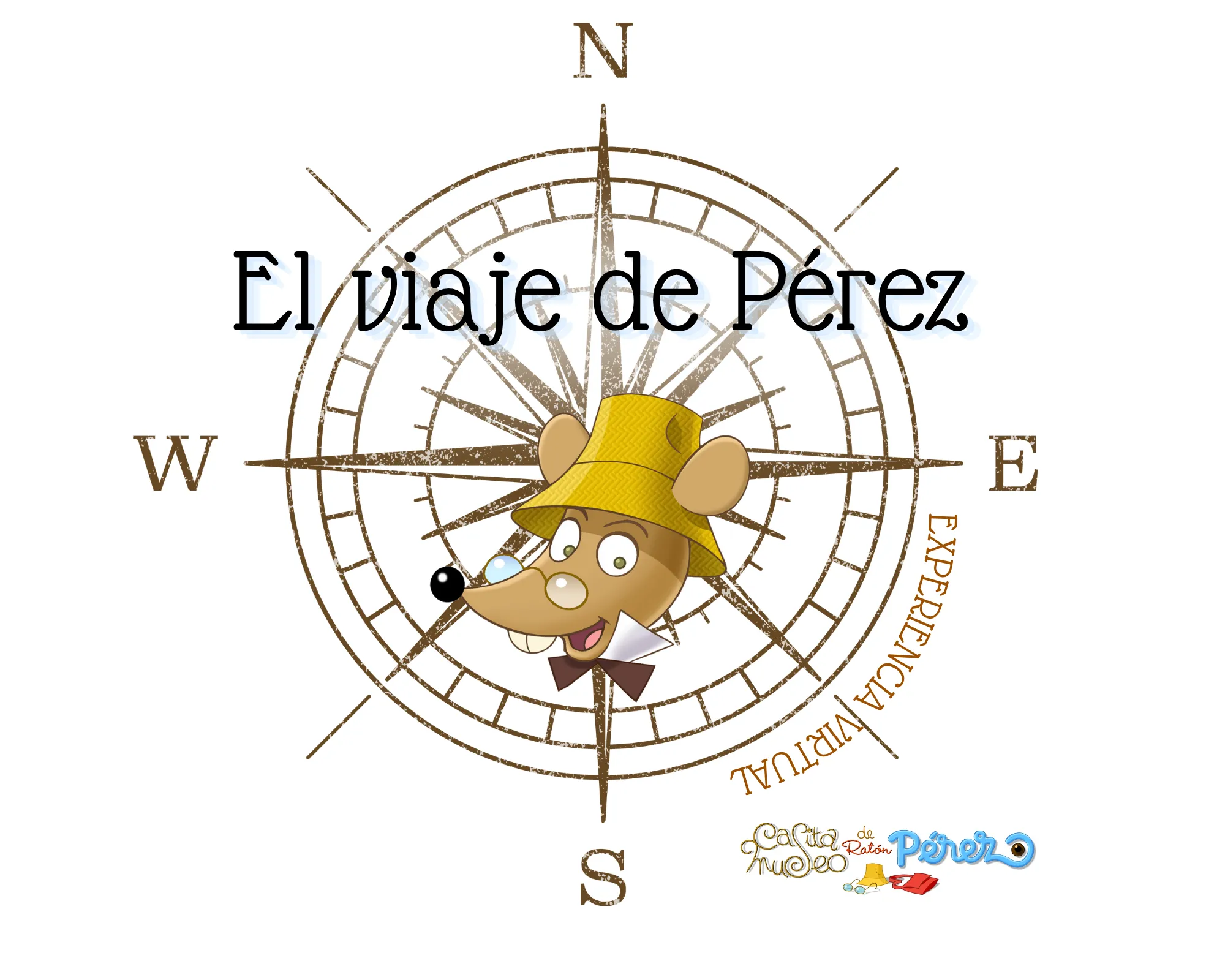 Ratón de dibujos animados con sombrero amarillo en el centro de una rosa de los vientos con el texto 'El viaje de Pérez' y 'EXPERIENCIA VIRTUAL'