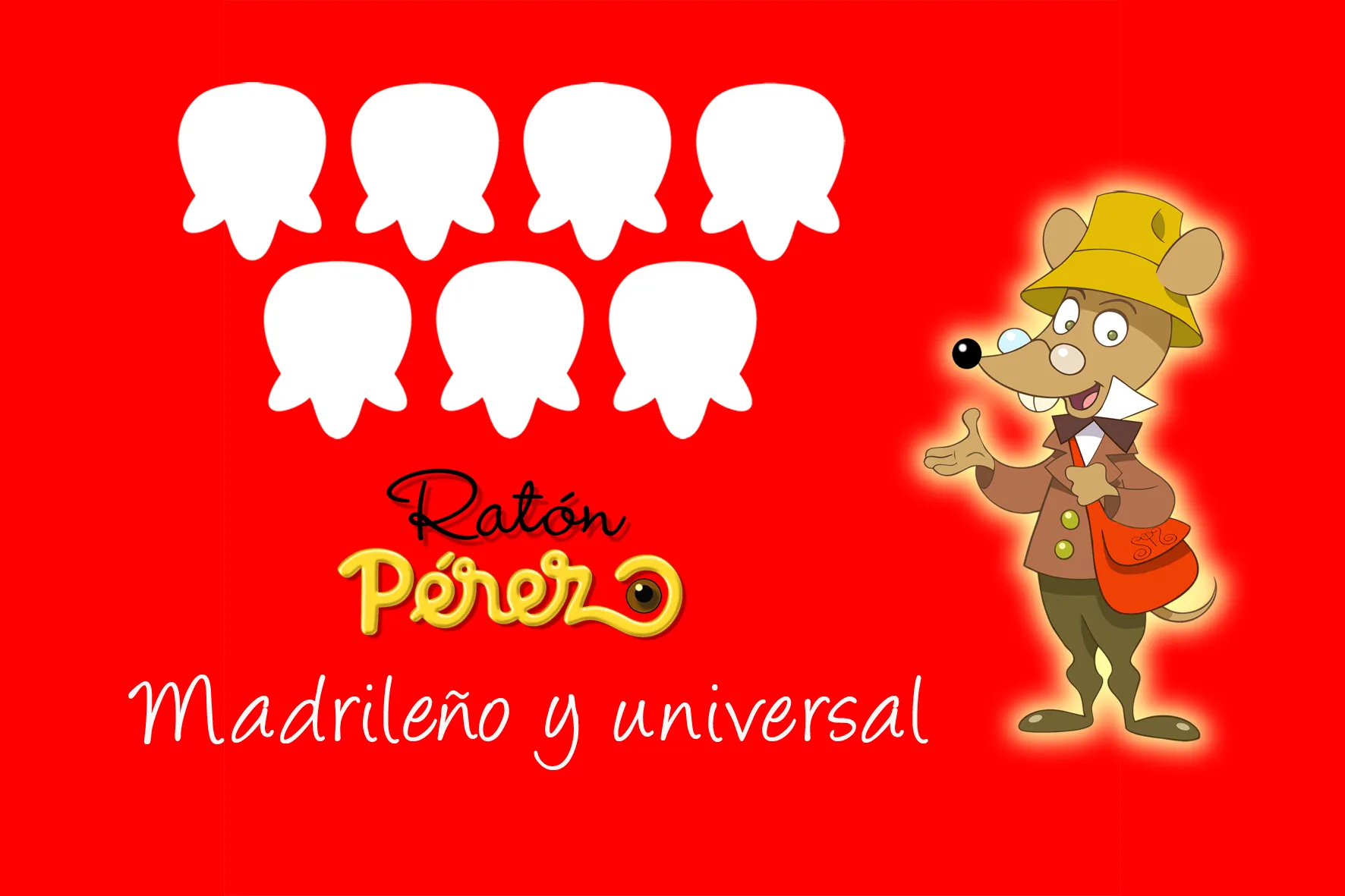 Personaje de ratón de dibujos animados con sombrero y abrigo junto a formas de dientes blancos y texto sobre fondo rojo