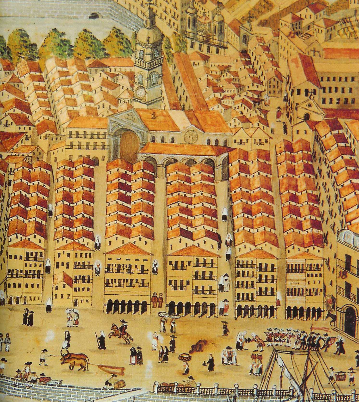 Historyczna ilustracja Starego Miasta w Bilbao przedstawiająca arkadowy Plaza Nueva, wieżę katedry Santiago, dachy z czerwoną dachówką oraz postacie w strojach z epoki na placu poniżej.