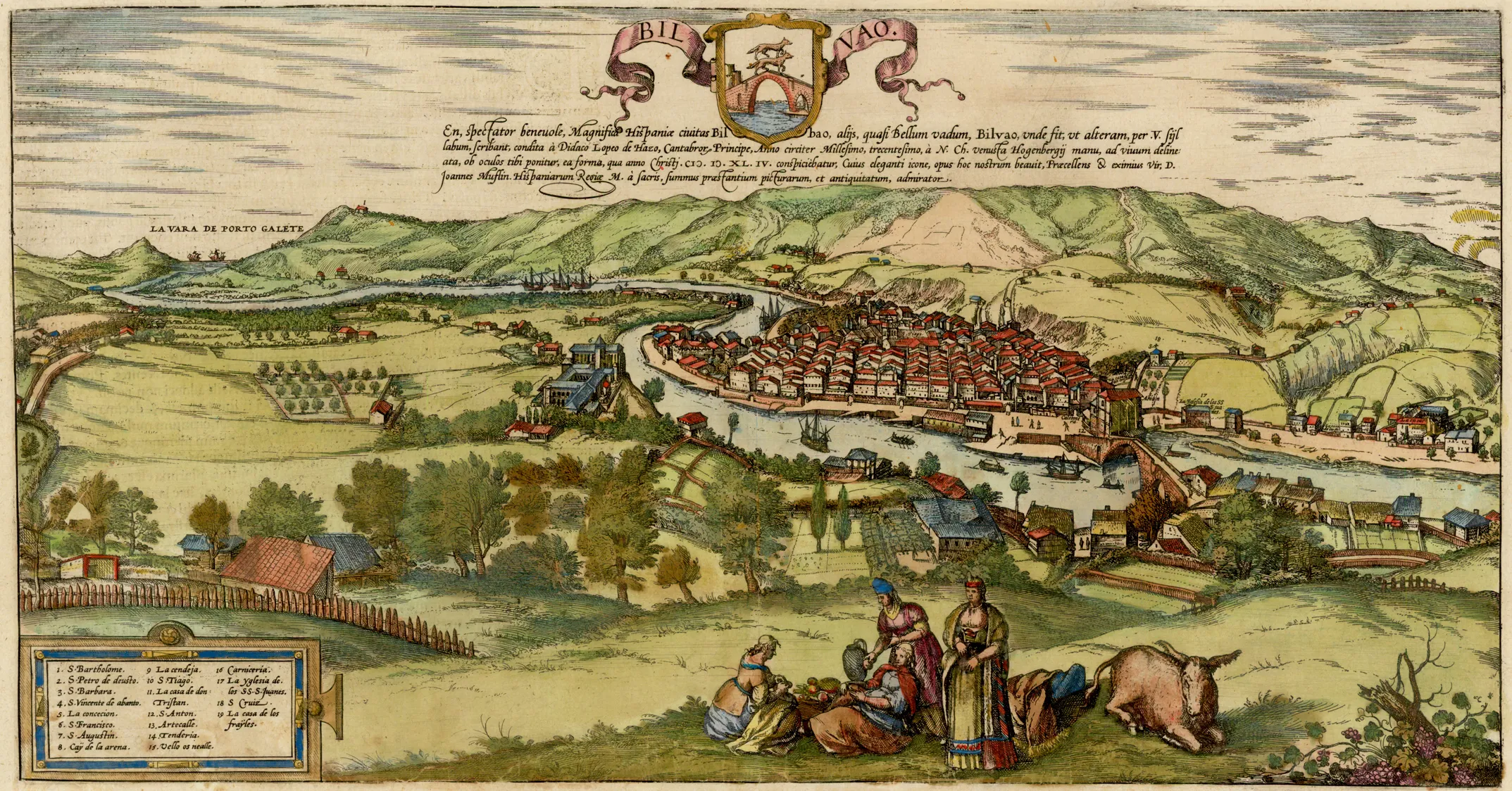 Historyczna panoramiczna widokówka Bilbao z 1575 roku z lotu ptaka, przedstawiająca otoczone murami miasto wzdłuż rzeki, otaczające wzgórza, herb u góry, opisowy tekst oraz postacie odpoczywające na pierwszym planie