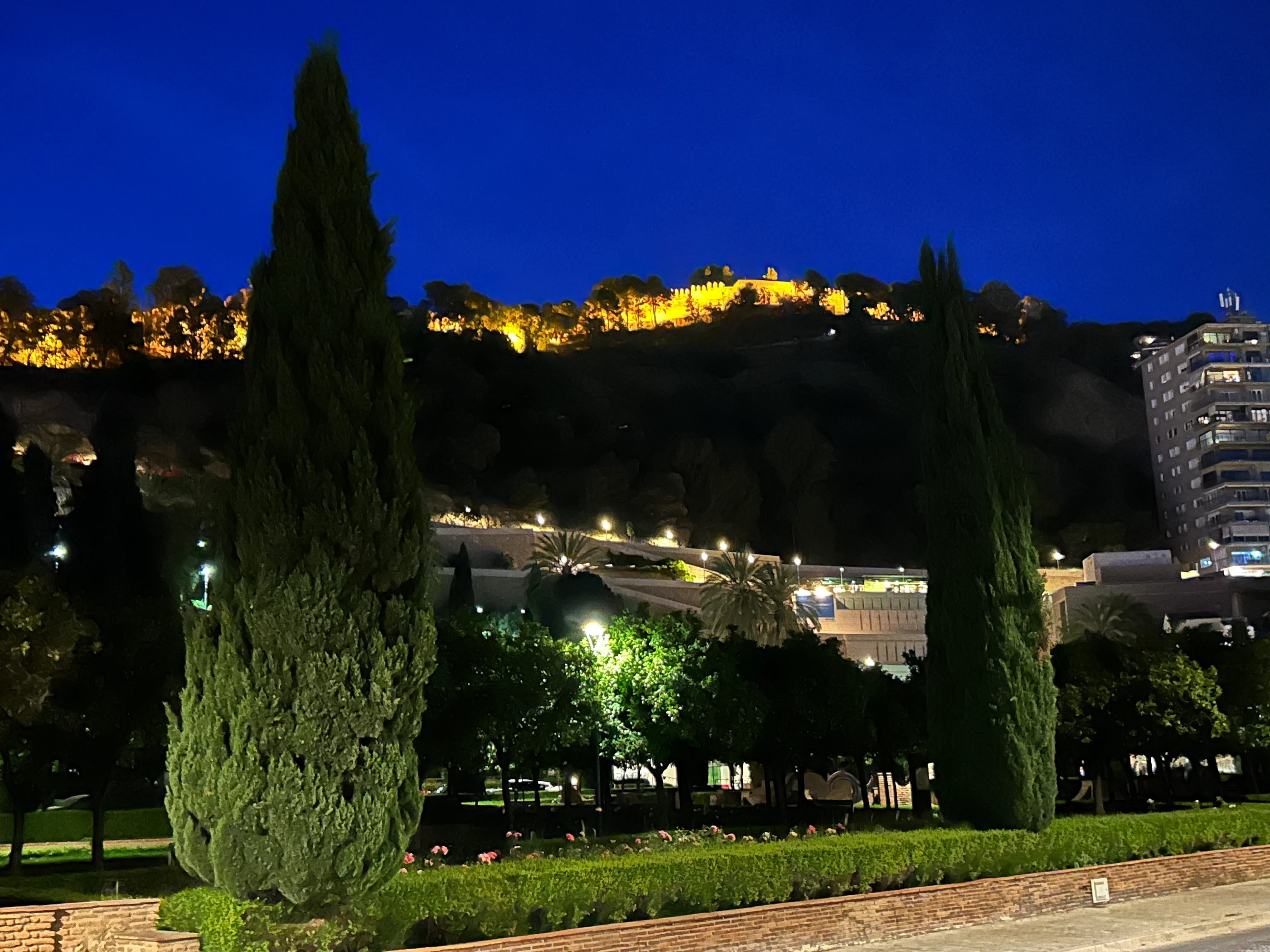 Vista nocturna del Castillo de Gibralfaro iluminado con luz dorada sobre la colina, con cipreses altos y un jardín en primer plano y un edificio moderno a la derecha.