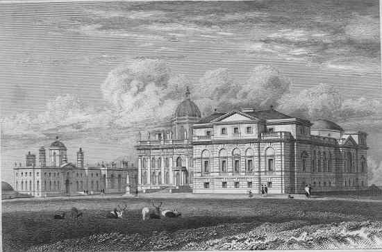 Historische gravure uit 1819 van Castle Howard, waarop het statige barokke landhuis te zien is met een centrale koepel, zijvleugels, boogvensters en herten die grazen op het gazon op de voorgrond.