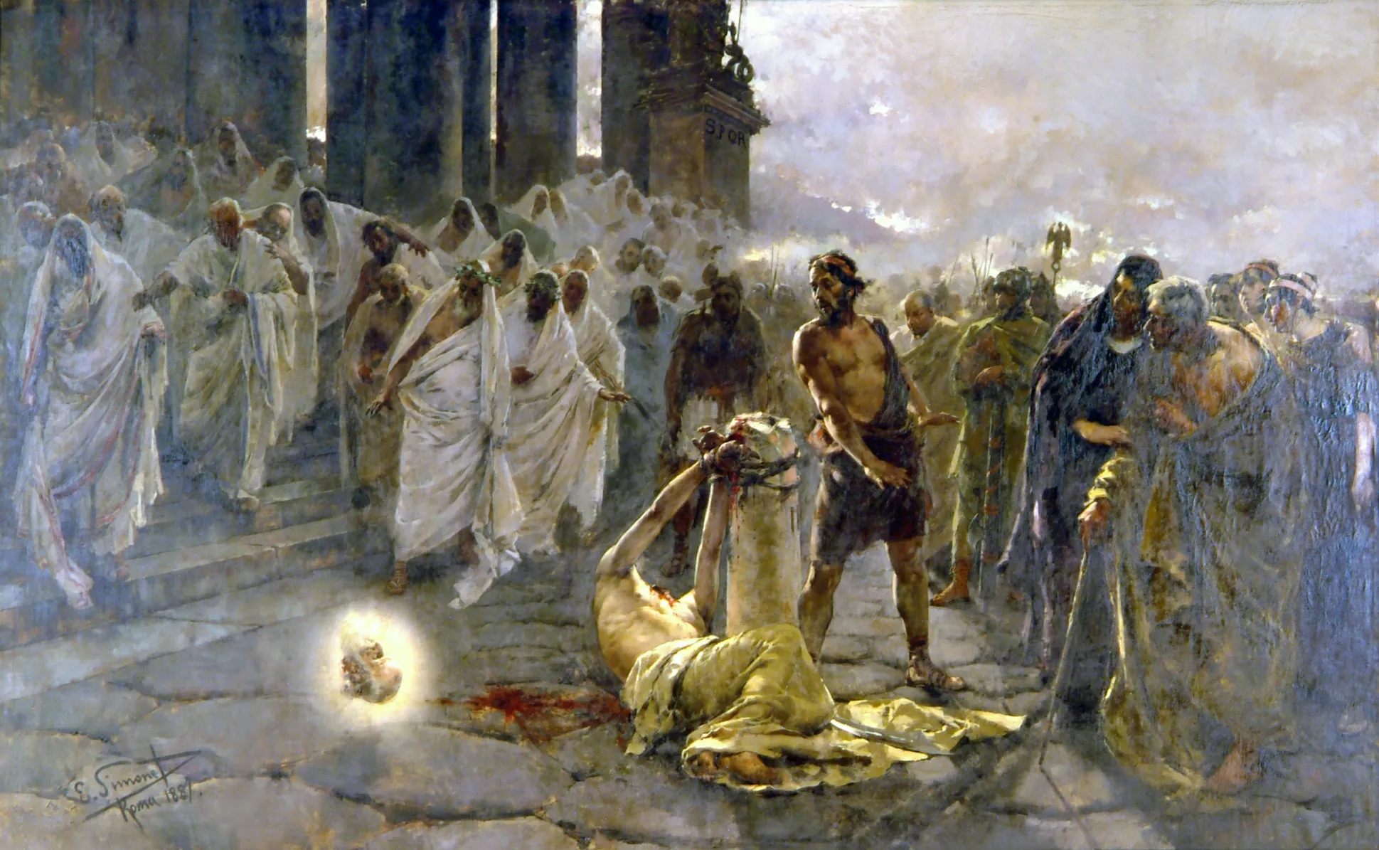 Óleo histórico que representa la decapitación de San Pablo con una figura arrodillada, un verdugo levantando una espada, y soldados romanos y espectadores en un entorno arquitectónico clásico.
