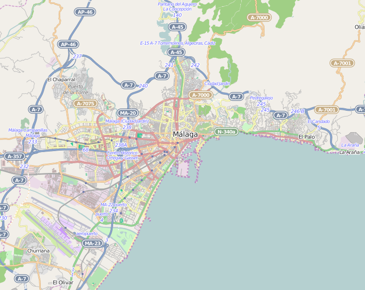 Mapa lokalizacyjny Malagi przedstawiający układ miasta, autostrady oraz linię brzegową.