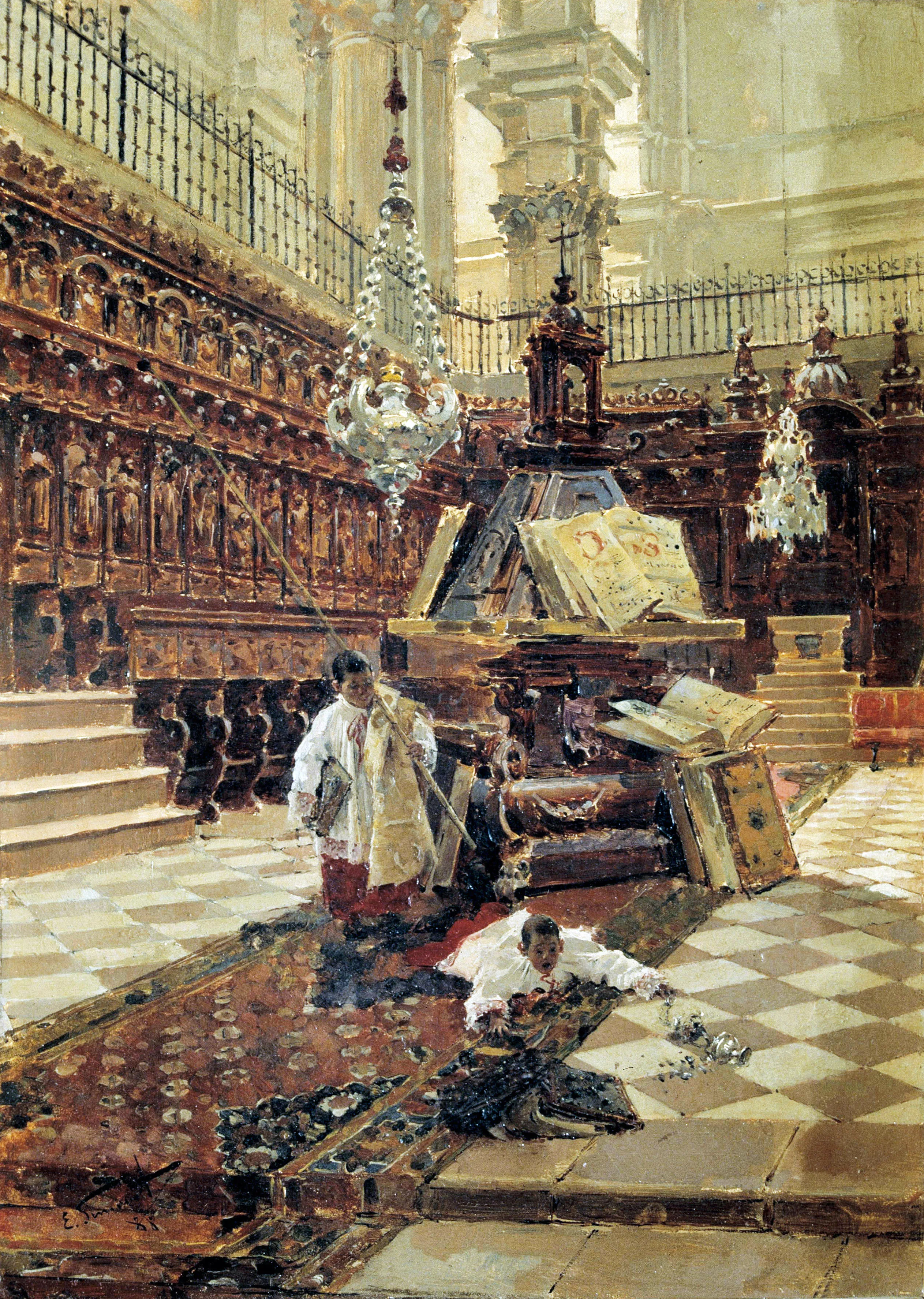 Cuadro del interior de la Catedral de Málaga que muestra una sillería del coro de madera ornamentada, una lámpara de araña colgante y acólitos trabajando en una alfombra.