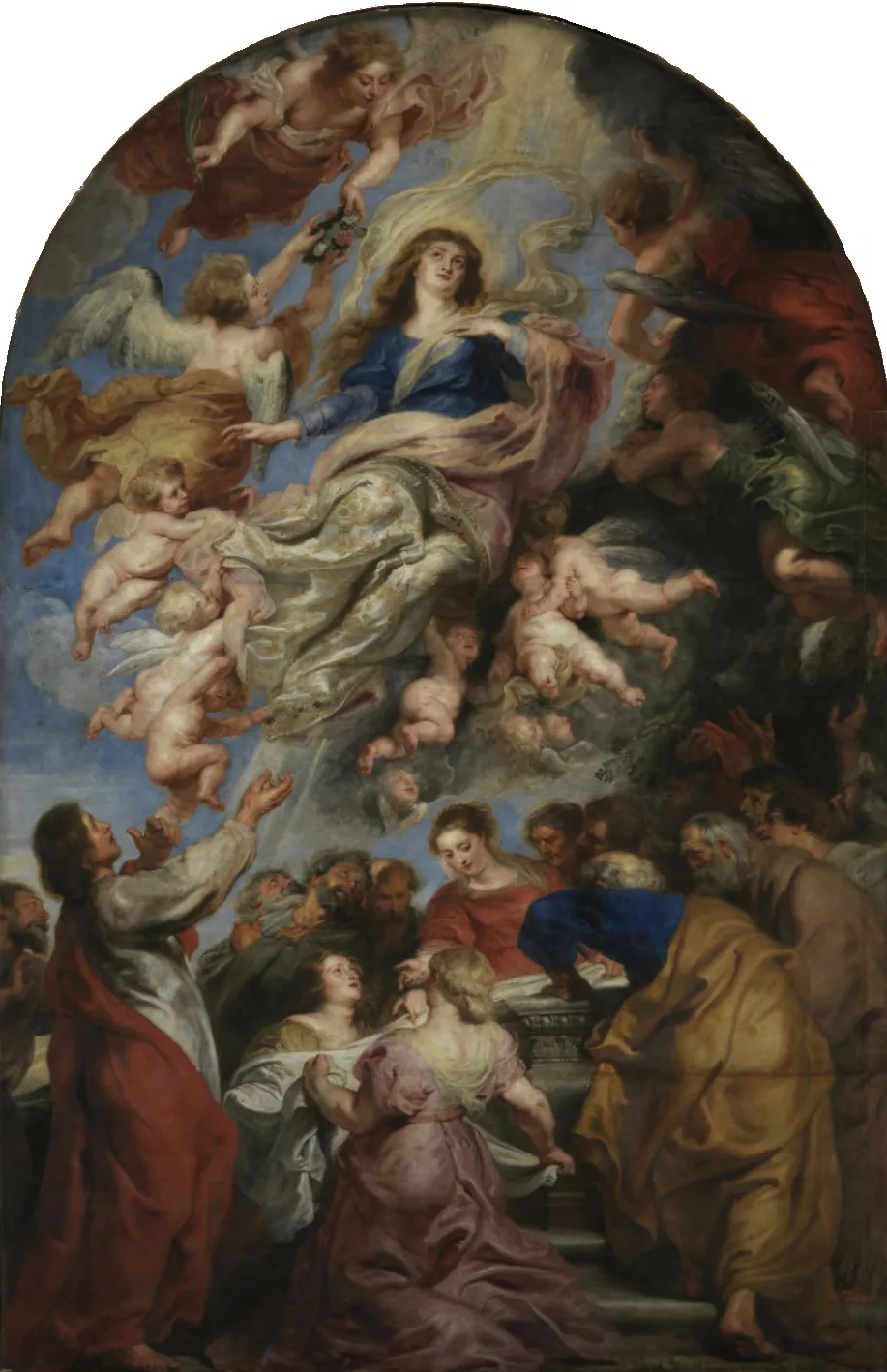 Pintura de la Asunción de la Virgen de Peter Paul Rubens, que muestra a María ascendiendo al cielo rodeada de ángeles con los apóstoles reunidos abajo.