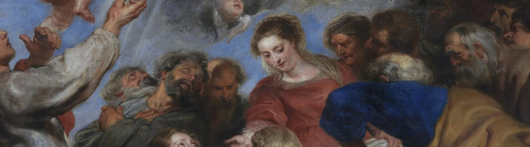 Detalle en primer plano de una pintura al óleo barroca que muestra a una mujer central vestida de rojo, rodeada por un grupo de figuras masculinas expresivas que miran hacia arriba.