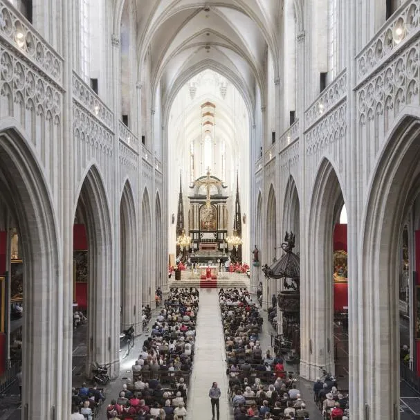 Vista en ángulo elevado de la nave central de una catedral gótica, que muestra a una gran congregación sentada en los bancos frente al altar lejano bajo bóvedas blancas.