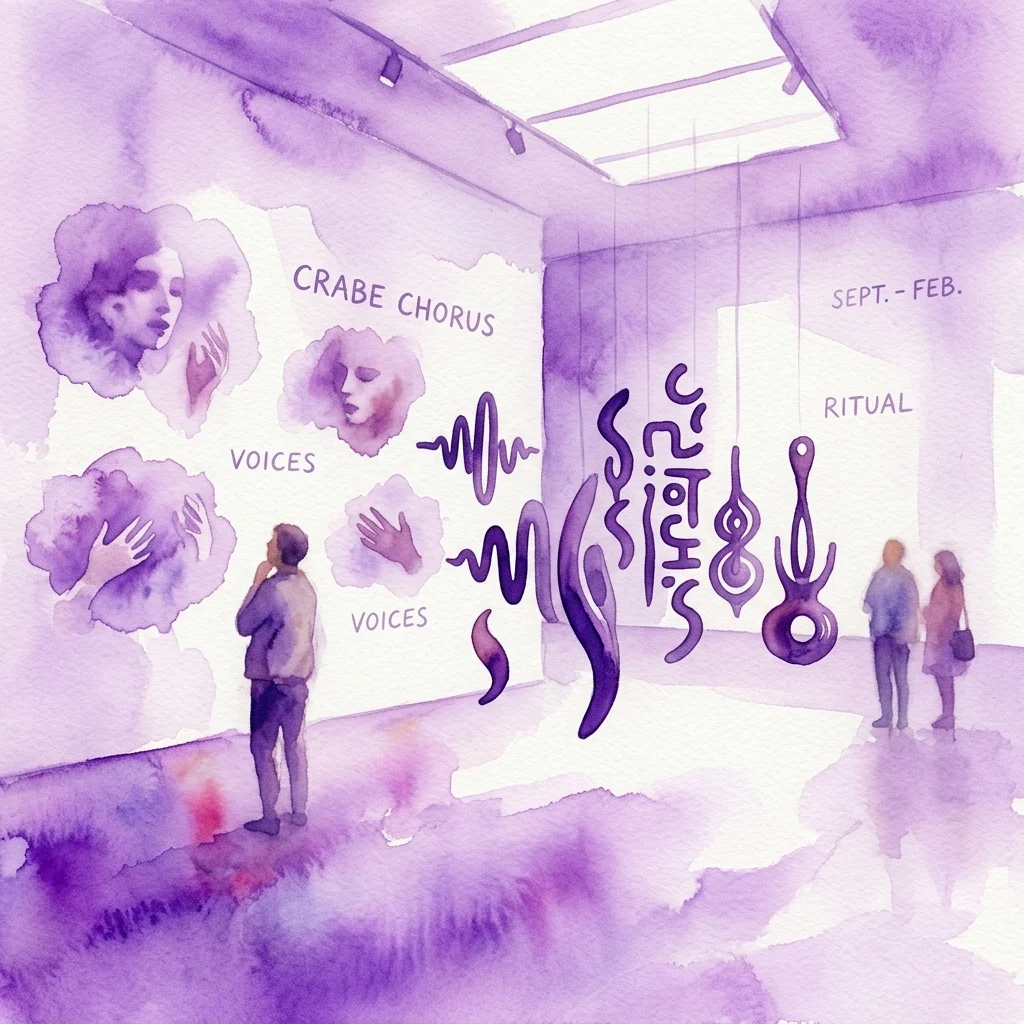 Akwarelowa ilustracja wystawy „Crabe Chorus” w CEAAC, przedstawiająca abstrakcyjne wiszące rzeźby dźwiękowe, eteryczne panele portretowe z napisami „Voices” i „Ritual” oraz zwiedzających oglądających instalację w przestrzeni galerii o białych ścianach.
