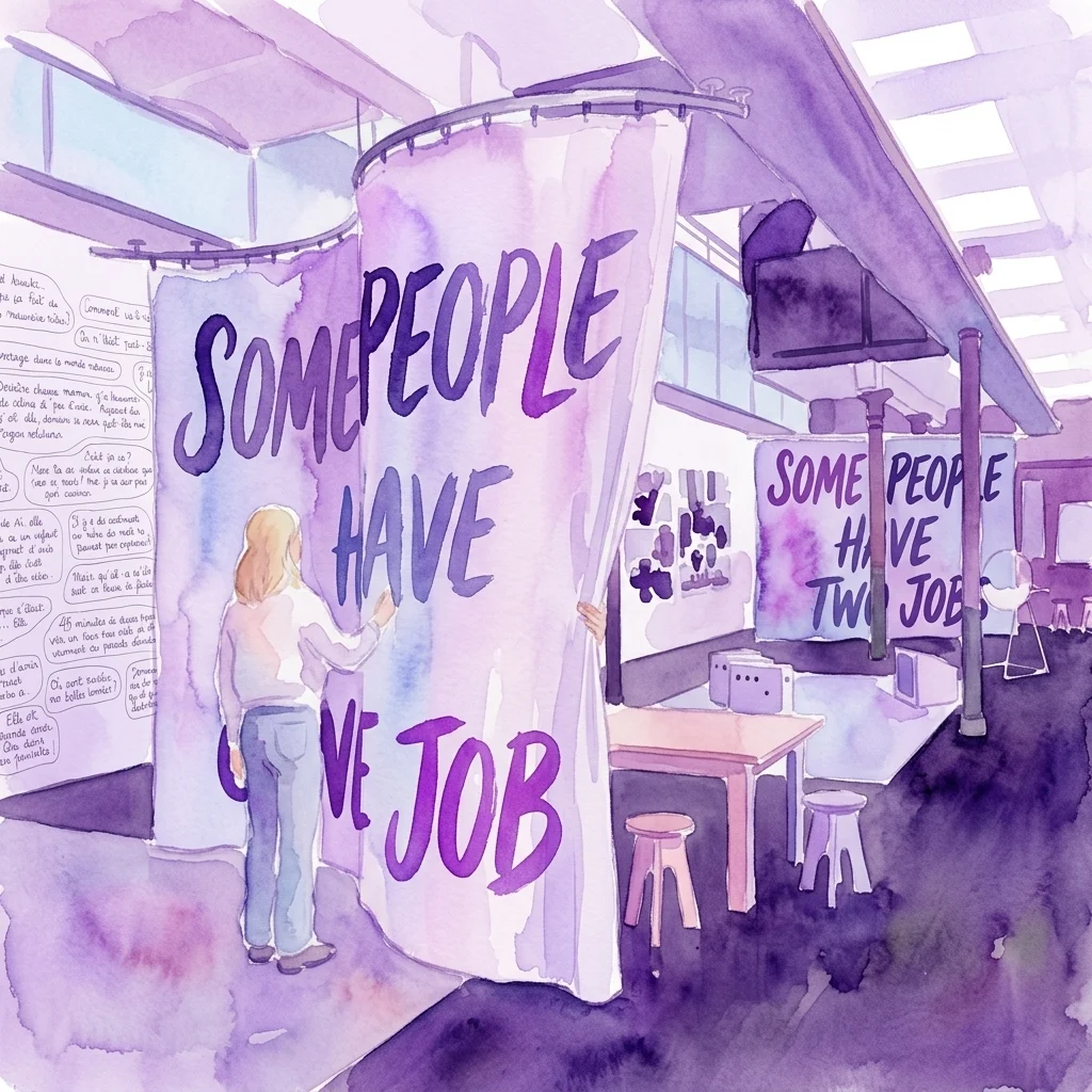 Akwarelowa ilustracja wnętrza galerii, w której zwiedzający ogląda duże fioletowe banery z napisami „SOME PEOPLE HAVE ONE JOB” oraz „SOME PEOPLE HAVE TWO JOBS”.