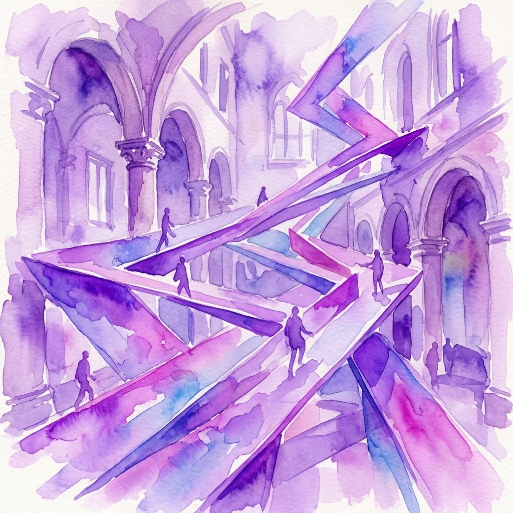 Purple and magenta watercolor illustration of sharp geometric ramps and small human figures intersecting within a vaulted classical gallery of stone arches.